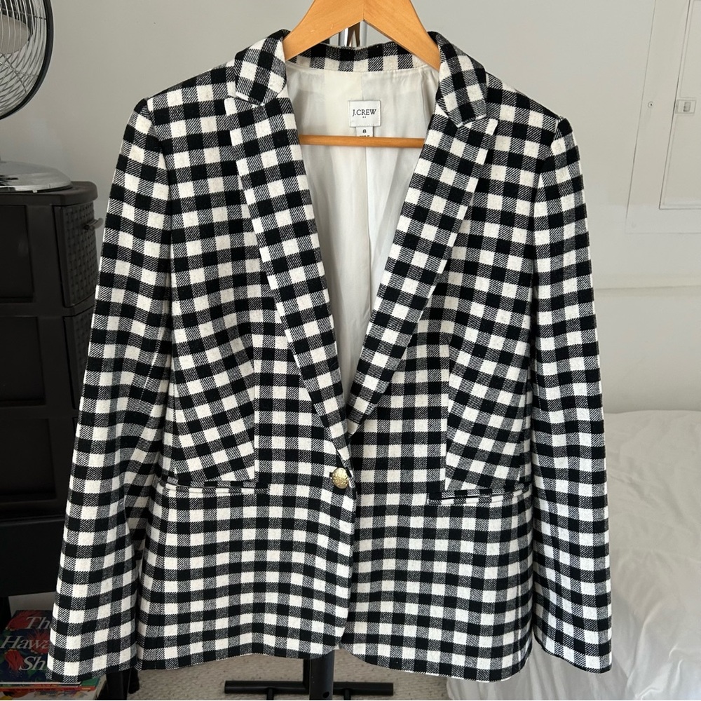 J. Crew One Button Blazer Buffalo Check Plaid Wool Black White Women’s 8